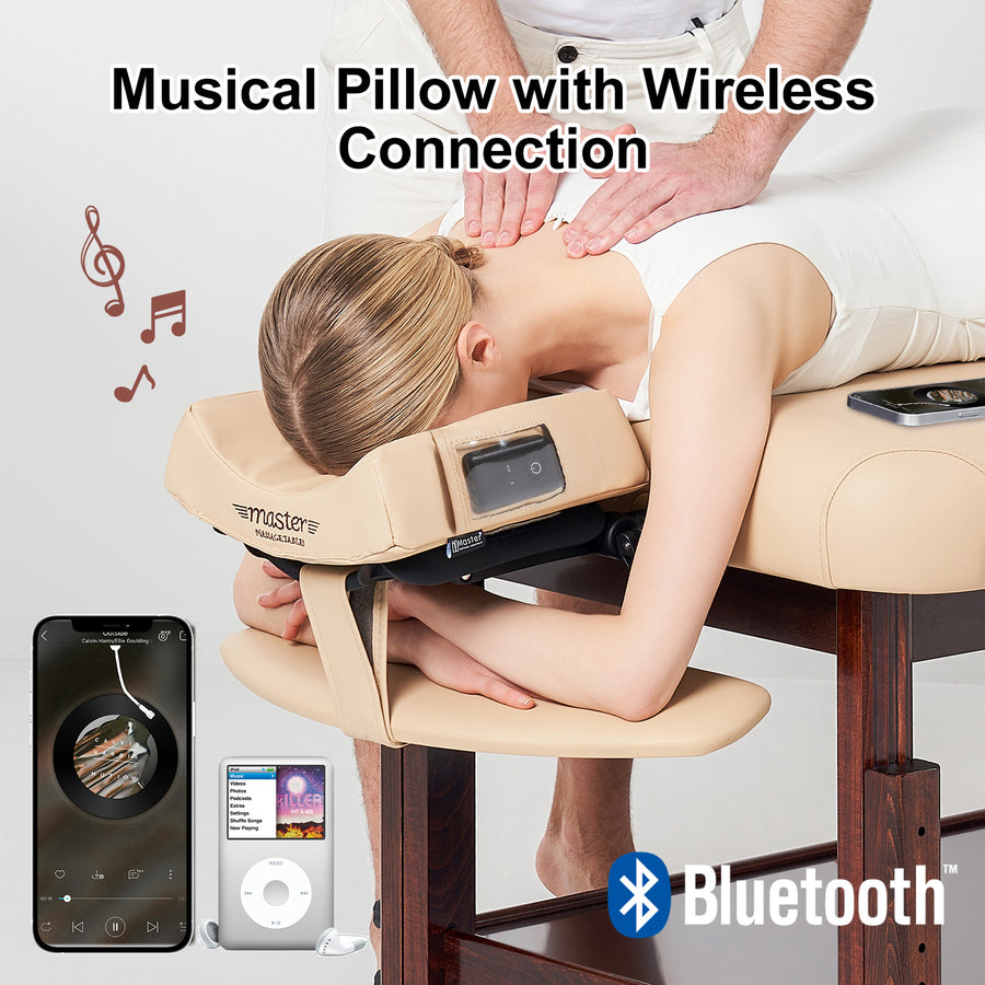 Music Master High Fidelity Sound Ergonomic Face Cushion- Bluetooth Massage Pillow for Face Down Resting- Ultra Soft Massage Table Headrest for Personal & Professional Use-8.9cm Foam Headrest with Large Eye Opening for Superior Comfort. Cream Colour