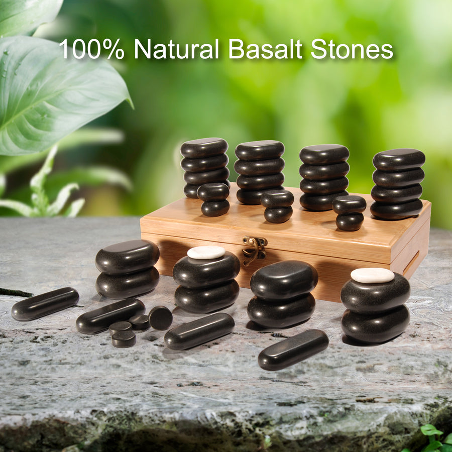 Master Massage 40 pcs Body Massage Hot Stone Set, 100% Basalt Rocks, with Bamboo Box