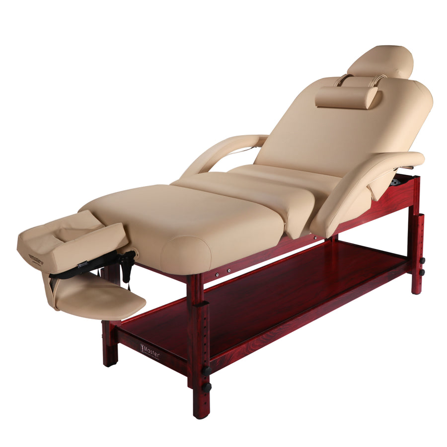 Master Massage 76cm Claudia Stationary Massage Table Spa Salon Beauty Bed with Pneumatic Tilting Backrest and Leg Rest, MC Cream with Mahogany Legs
