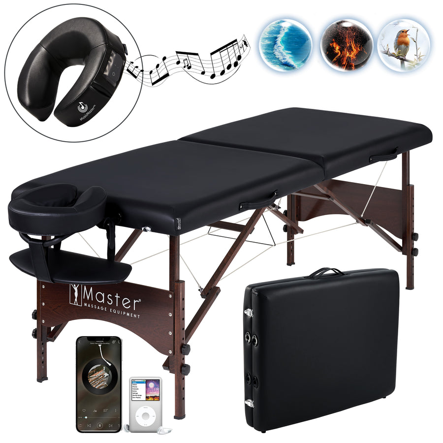 Master Massage 70cm Price Competitive Argo Portable Massage Table Package in Black/Cream  w/ Walnut Legs